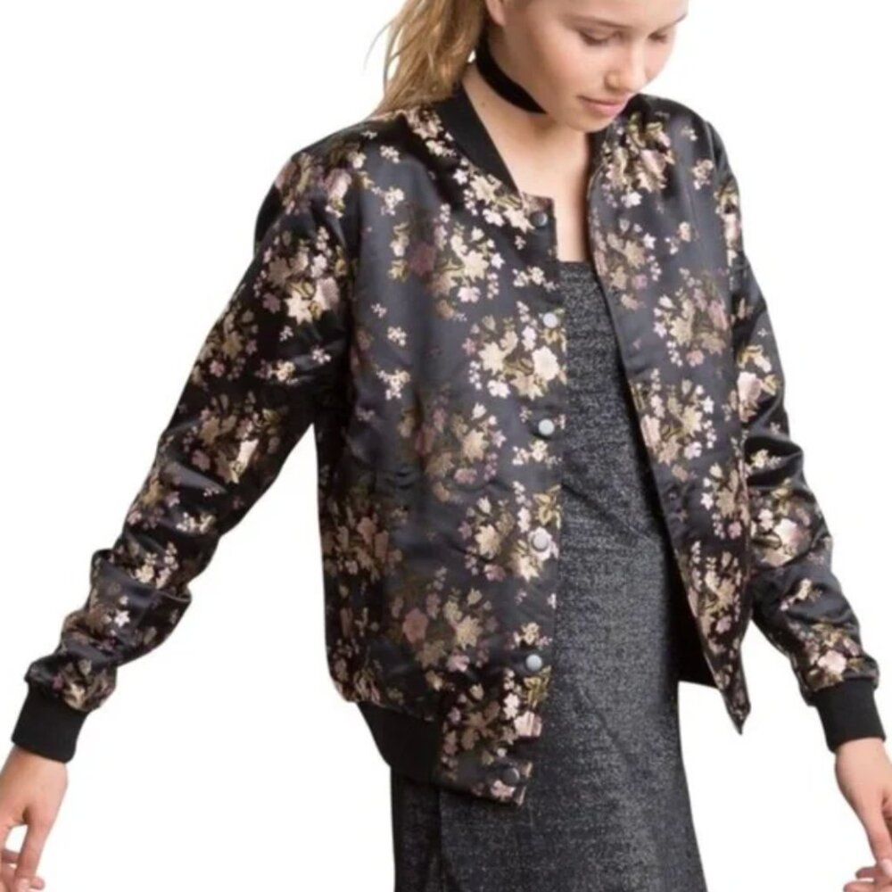 Brandy Melville Black Floral Satin Dennis Bomber Jacket